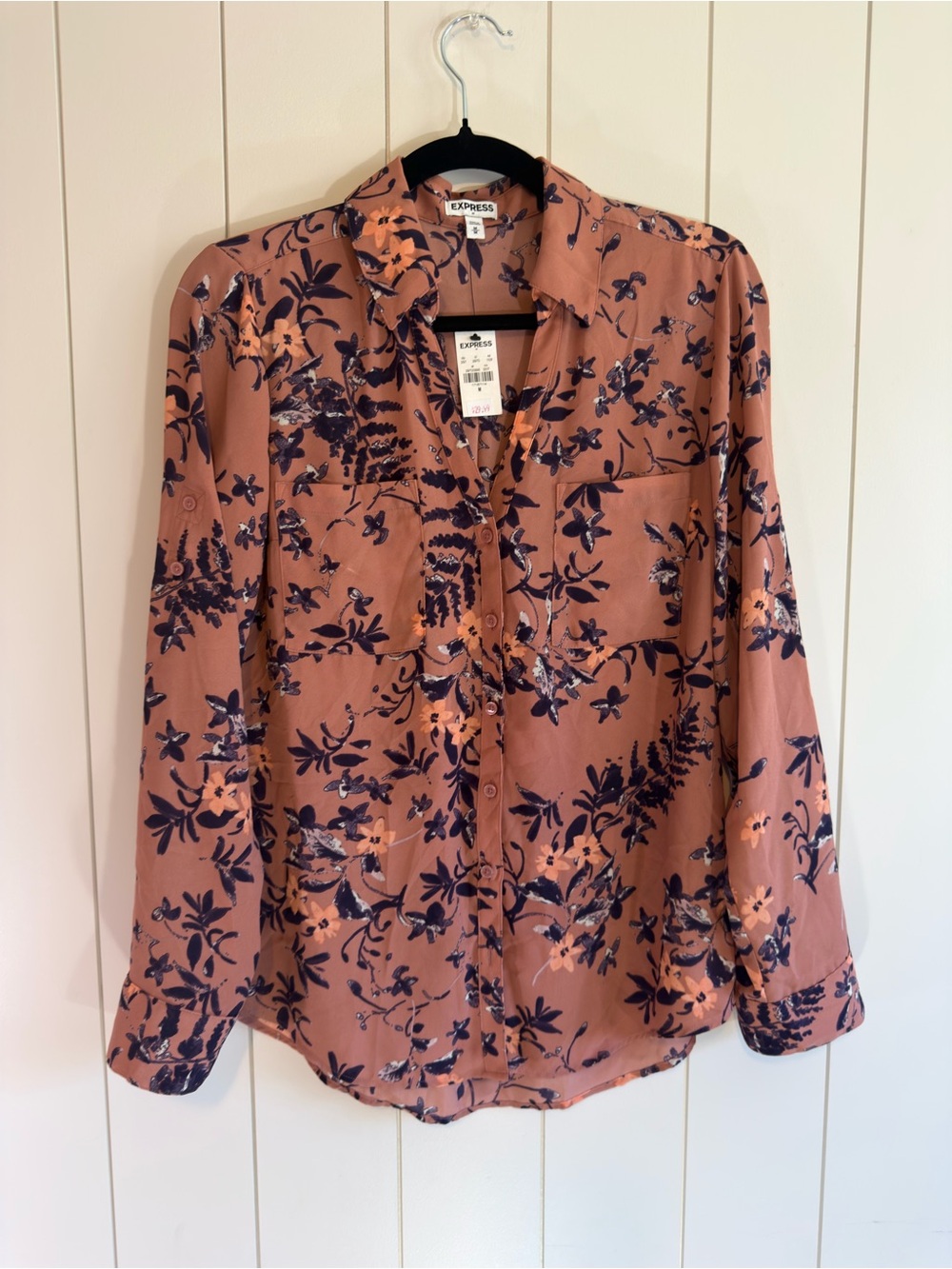 Express Mauve Floral Button-Down Shirt with Navy Print - Size M